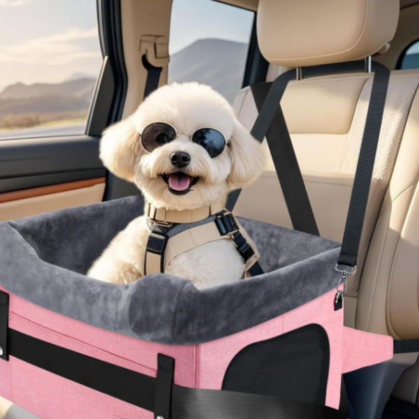 Small dog car seat, breathable mesh, safety leash strap structure