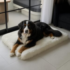 Faux fur dog bed, memory foam crate structure, washable cover structure