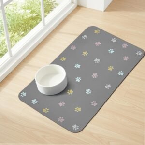 Absorbent non-slip pet bowl mat, quick-dry paw print structure