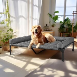 Cooling elevated dog bed, removable cushion, breathable raised cot structure