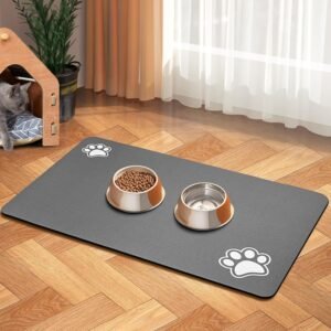 Pet feeding mat, absorbent food and water bowl structure