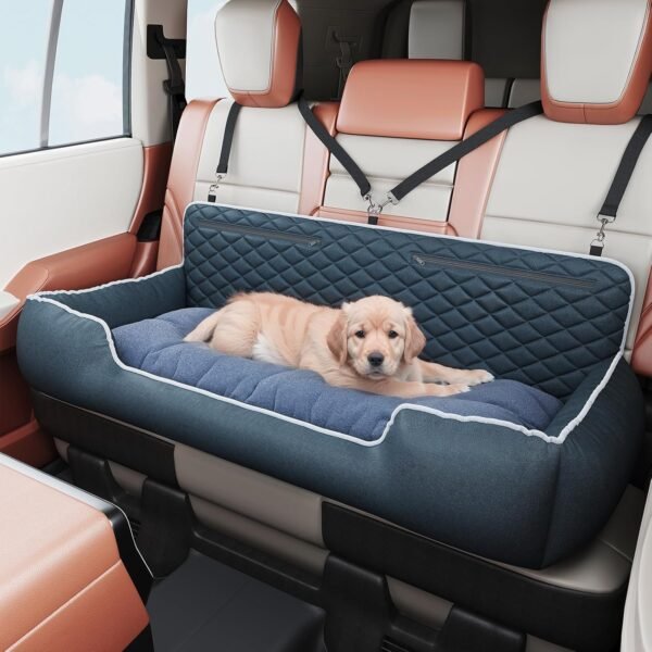 Large dog car seat, high back booster seat, safety leash and storage bag structure